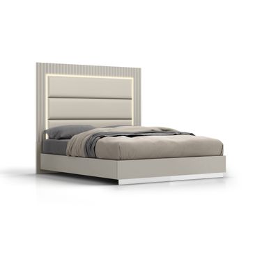 Chloe King Upholstered Faux Leather Panel Bed with LED Light In Grey