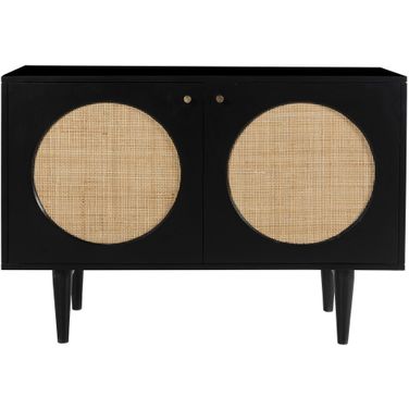 Circle Solid Wood with Natural Woven Cane Two-Door Cabinet In Black