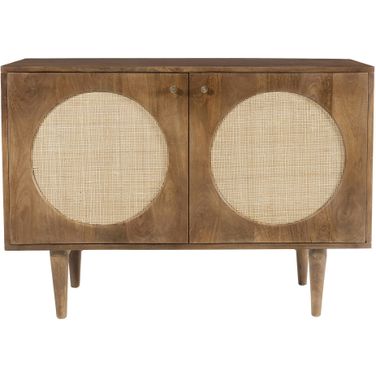 Circle Solid Wood with Natural Woven Cane Two-Door Cabinet In Walnut