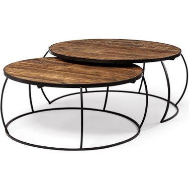 Clapp I 41 Inch And 38 Inch Round Brown Wood Top Black Iron Base Nesting Coffee Tables Set of 2