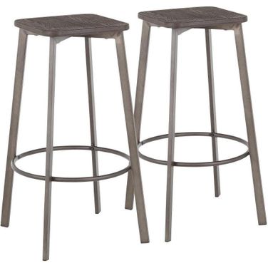 Clara Industrial Square Barstool In Antique Metal And Espresso Wood-Pressed Grain Bamboo - Set Of 2