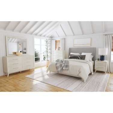 Clare Upholstered Bedroom Set with Fabric In Grey and Almond