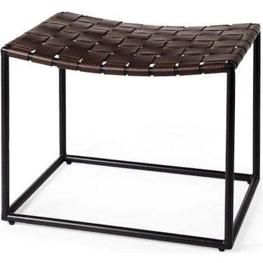 Clarissa Brown Leather Woven Seat With Black Metal Frame Stool