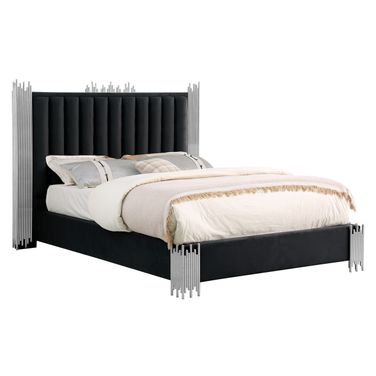 Clarisse King Platform Bed In Black Velvet and Stainless Steel
