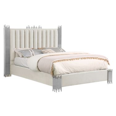 Clarisse Queen Platform Bed In Cream Velvet and Stainless Steel