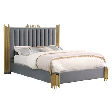 Clarisse Queen Platform Bed In Dark Gray Velvet and Gold Stainless Steel