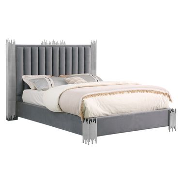 Clarisse Queen Platform Bed In Dark Gray Velvet and Stainless Steel