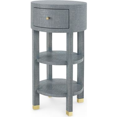 Claudette 1-Drawer Round Side Table with Brass Legs In Washed Winter Gray