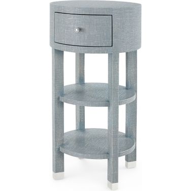 Claudette 1-Drawer Round Side Table with Nickel Legs In Washed Winter Gray