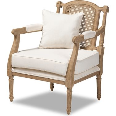 Clemence French Provincial Ivory Fabric Upholstered Whitewashed Wood Armchair