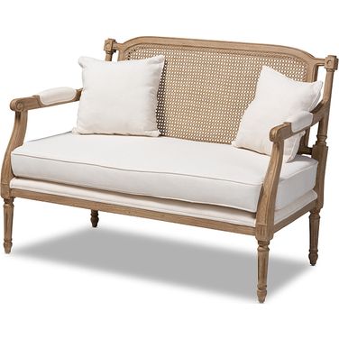 Clemence French Provincial Ivory Fabric Upholstered Whitewashed Wood Loveseat
