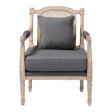 Clemence Provincial Fabric Mahogany Wood Armchair In Grey and Whitewashed Brown