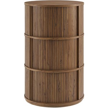 Clement Round Pedestal Stand Storage Table With Sliding Tambour Doors In Walnut