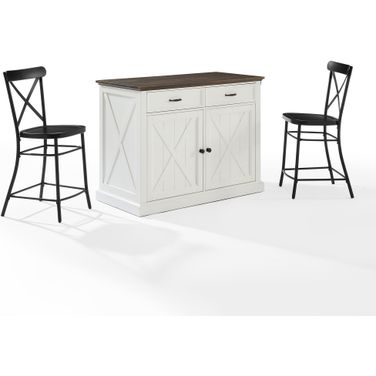 Clifton Kitchen Island W/Camille Stools In Distressed White and Black