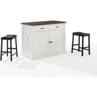 Clifton Kitchen Island W/Uph Saddle Stools In Distressed White and Black