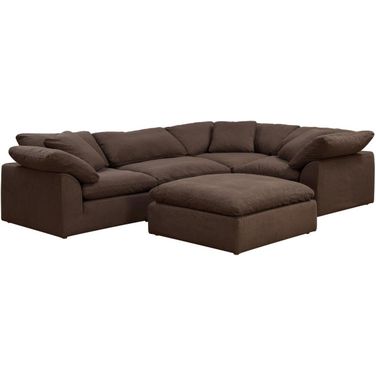 Cloud Puff Brown 5 Piece Slipcovered Modular L Shaped Sectional Sofa with Ottoman