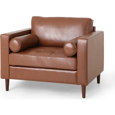 Club Chair with Button-Tufted Seat and Bolster Pillow In Light Brown