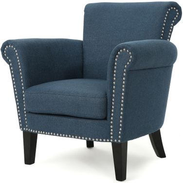 Club Chair with Rolled Arm and Nail Head Trim In Navy Blue