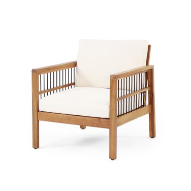 Acacia Wood Club Chair with Slat Panel Design In Teak and Beige