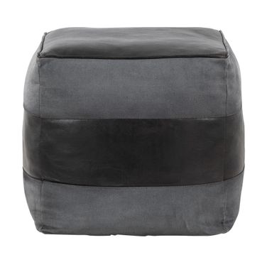Cobbler Canvas Pouf In Black Leather and Grey Canvas