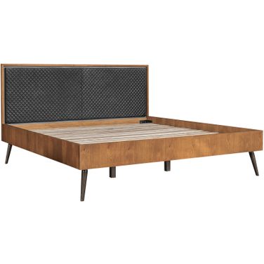 Coco Rustic Oak Wood Upholstered Faux Leather King Platform Bed