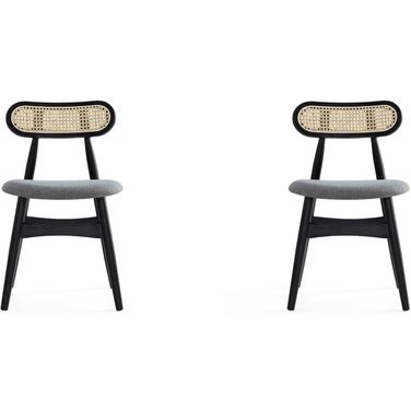 Colbert Dining Chair In Black And Cane With Grey Upholstered Seating Set of 2