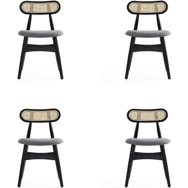 Colbert Dining Chair In Black And Cane With Grey Upholstered Seating Set of 4