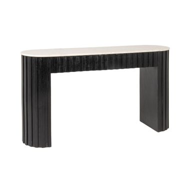 Como Fluted Mango Wood Console Desk Table with Oval Marble Top In Black