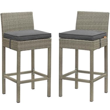 Conduit Bar Stool Outdoor Patio Wicker Rattan Set of 2 In Light Gray Charcoal