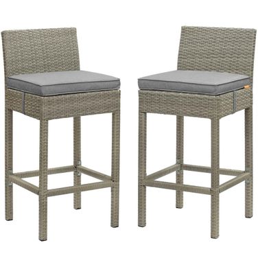 Conduit Bar Stool Outdoor Patio Wicker Rattan Set of 2 In Light Gray