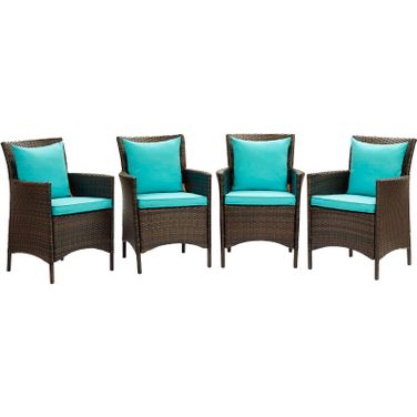 Conduit Outdoor Patio Wicker Rattan Dining Armchair Set of 4 In Brown Turquoise