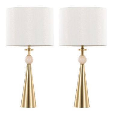 Cone Travertine 27 Inch Table Lamp Set of 2 In Travertine and White