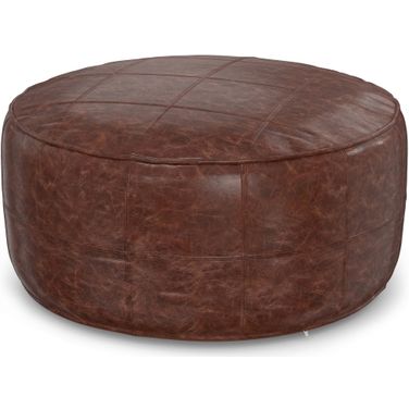 Connor Genuine Leather 34 Inch Round Coffee Table Pouf In Distressed Brown