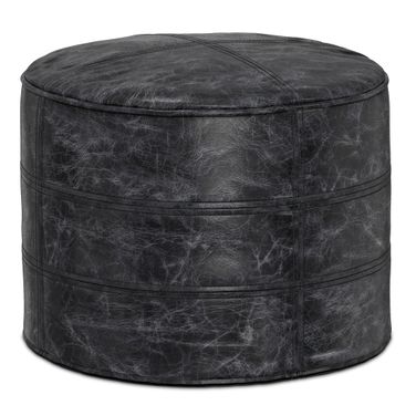 Connor Genuine Leather Round Pouf In Distressed Black