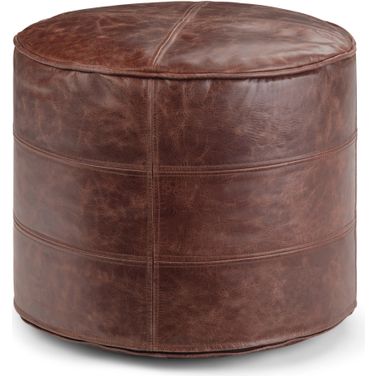 Connor Genuine Leather Round Pouf In Distressed Brown