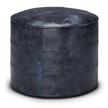 Connor Genuine Leather Round Pouf In Distressed Navy Blue