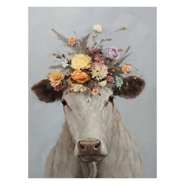 Contemplative Floral Crowned Cow Canvas Wall Art In Multi