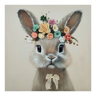 Contemplative Floral Crowned Rabbit Canvas Wall Art In Multi