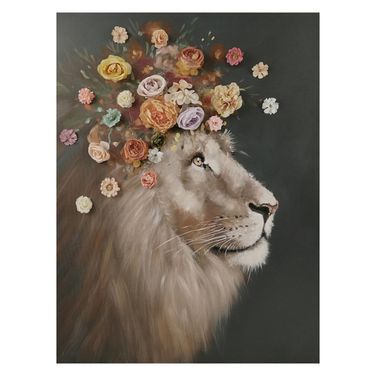Contemplative Majestic Floral Lion Canvas Wall Art In Multi