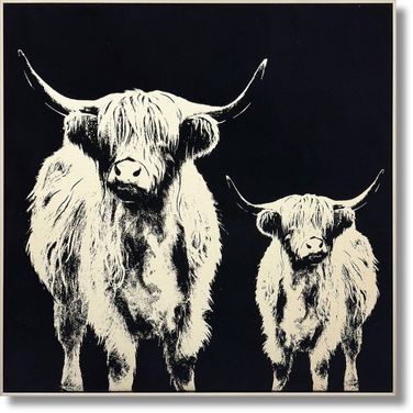 Contemplative Monochrome Highland Pair Canvas Wall Art In Black and Cream