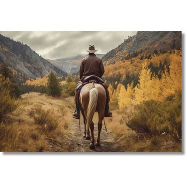 Contemplative Rider in Autumn Landscape Frameless Tempered Glass Wall Art In Multi