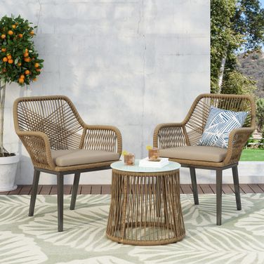 Conversation Set with Tempered Glass Table Top In Light Brown