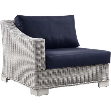 Conway Outdoor Patio Wicker Rattan Left-Arm Chair In Light Gray/Navy