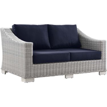 Conway Outdoor Patio Wicker Rattan Loveseat In Light Gray Navy