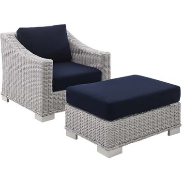 Conway Sunbrella Outdoor Patio Wicker Rattan 2-Piece Armchair And Ottoman Set In Light Gray/Navy