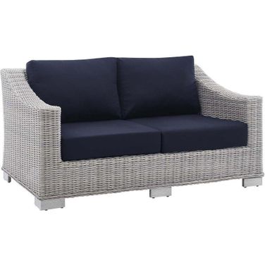 Conway Sunbrella Outdoor Patio Wicker Rattan Loveseat In Light Gray Navy
