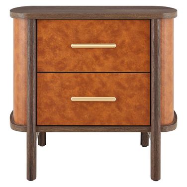 Coralie 2-Drawer Curved Vegan Leather Nightstand In Tan and Walnut