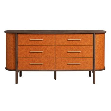 Coralie Curved 6-Drawer Vegan Leather Oval Dresser In Tan and Walnut
