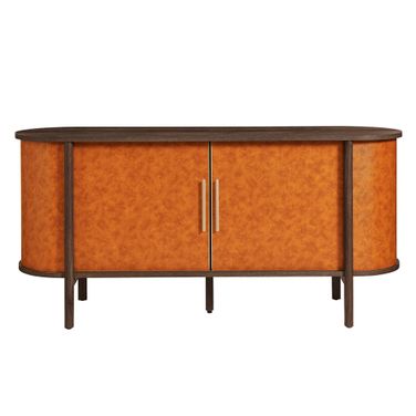 Coralie Curved Vegan Leather Oval Sideboard In Tan and Walnut