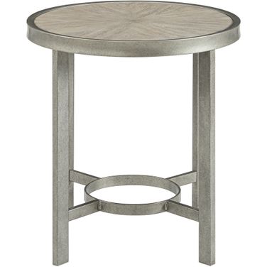 Corfu Wood Round End Table In White Oak and Antiqued Metal